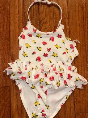 Toddler Girls' White Floral Ruffle One-Piece Swimsuit, Size 3T